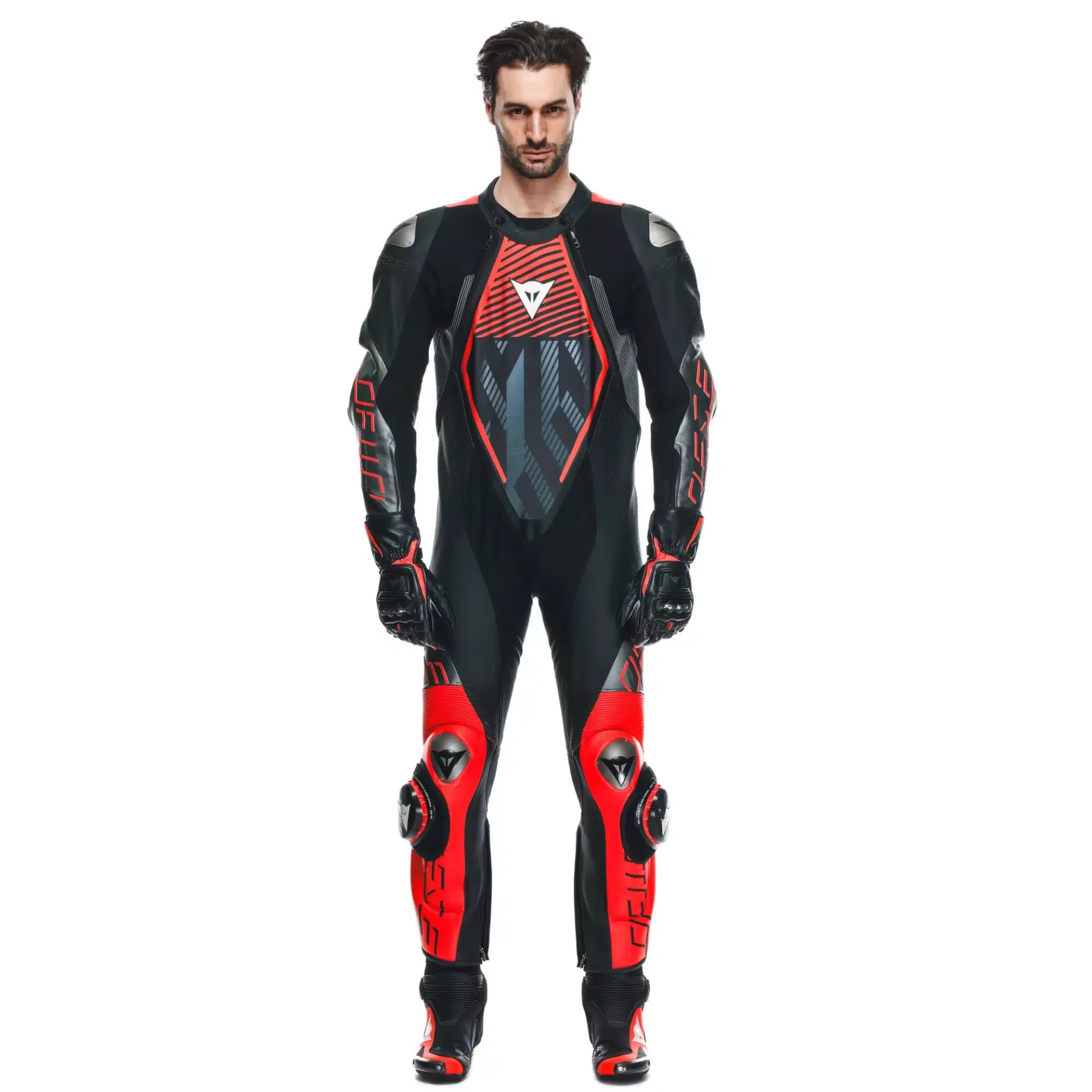 Dainese AUDAX D-ZIP 1PC PERF. LEATHER SUIT BLACK/RED-FLUO/ANTHRACITE