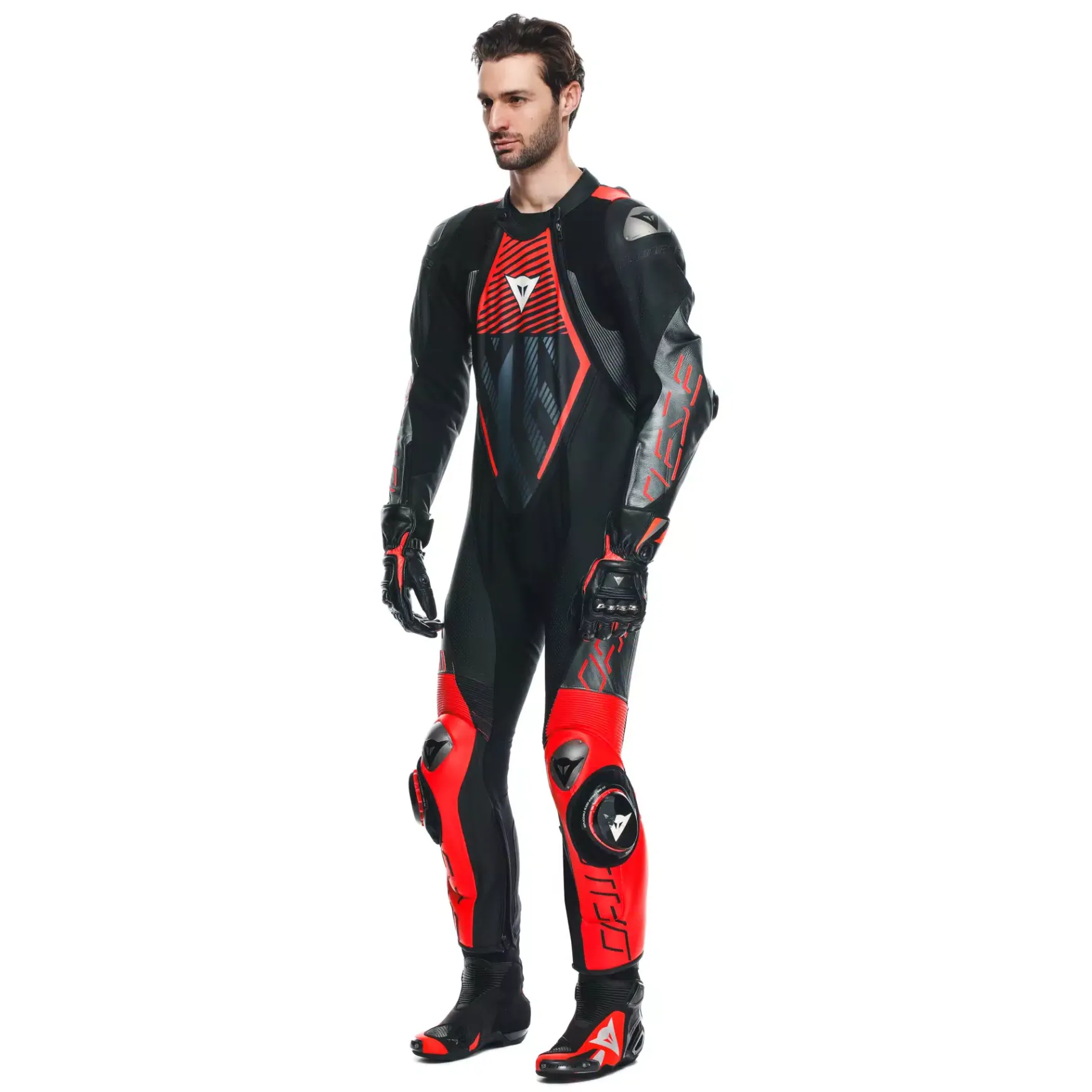 Dainese AUDAX D-ZIP 1PC PERF. LEATHER SUIT BLACK/RED-FLUO/ANTHRACITE