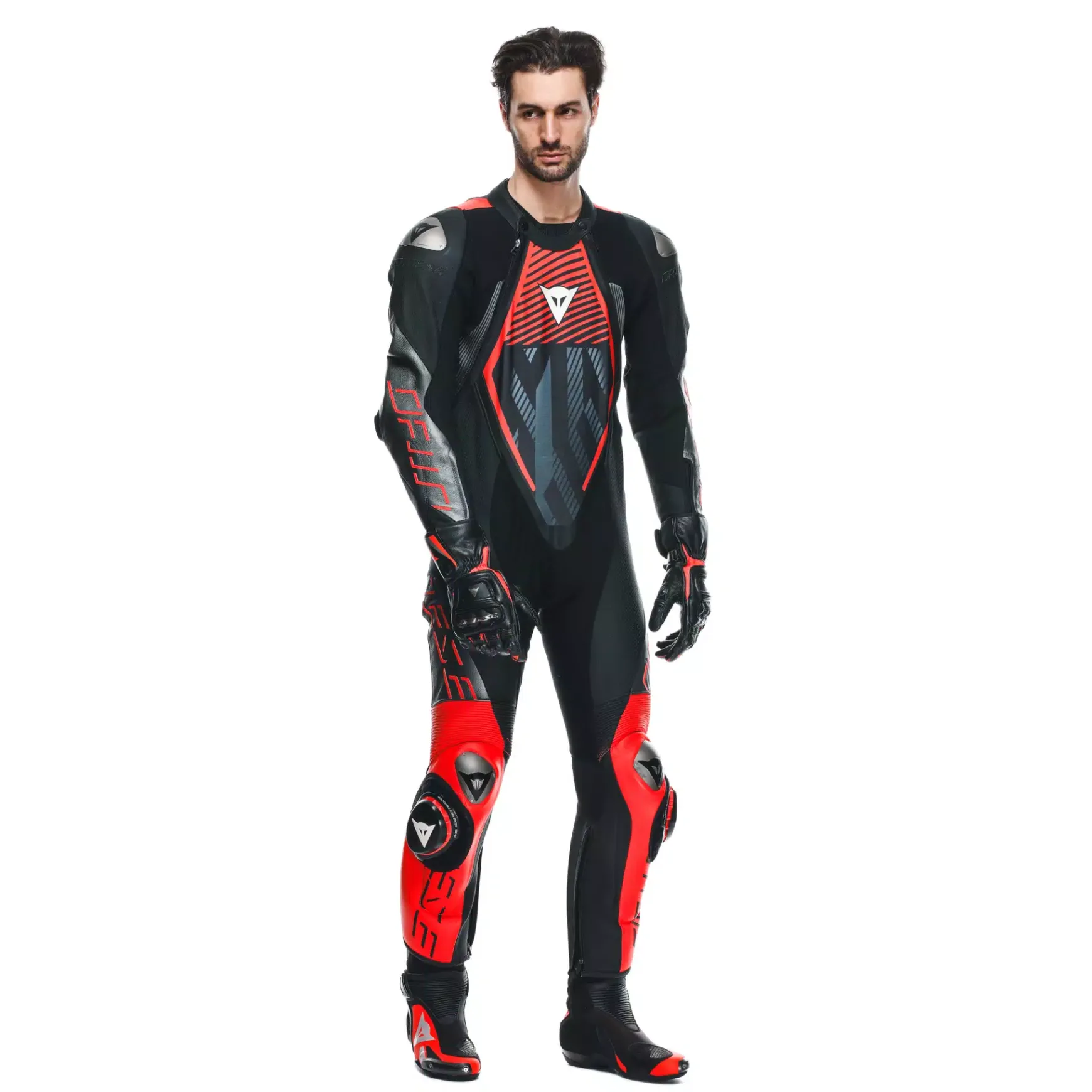 Dainese AUDAX D-ZIP 1PC PERF. LEATHER SUIT BLACK/RED-FLUO/ANTHRACITE