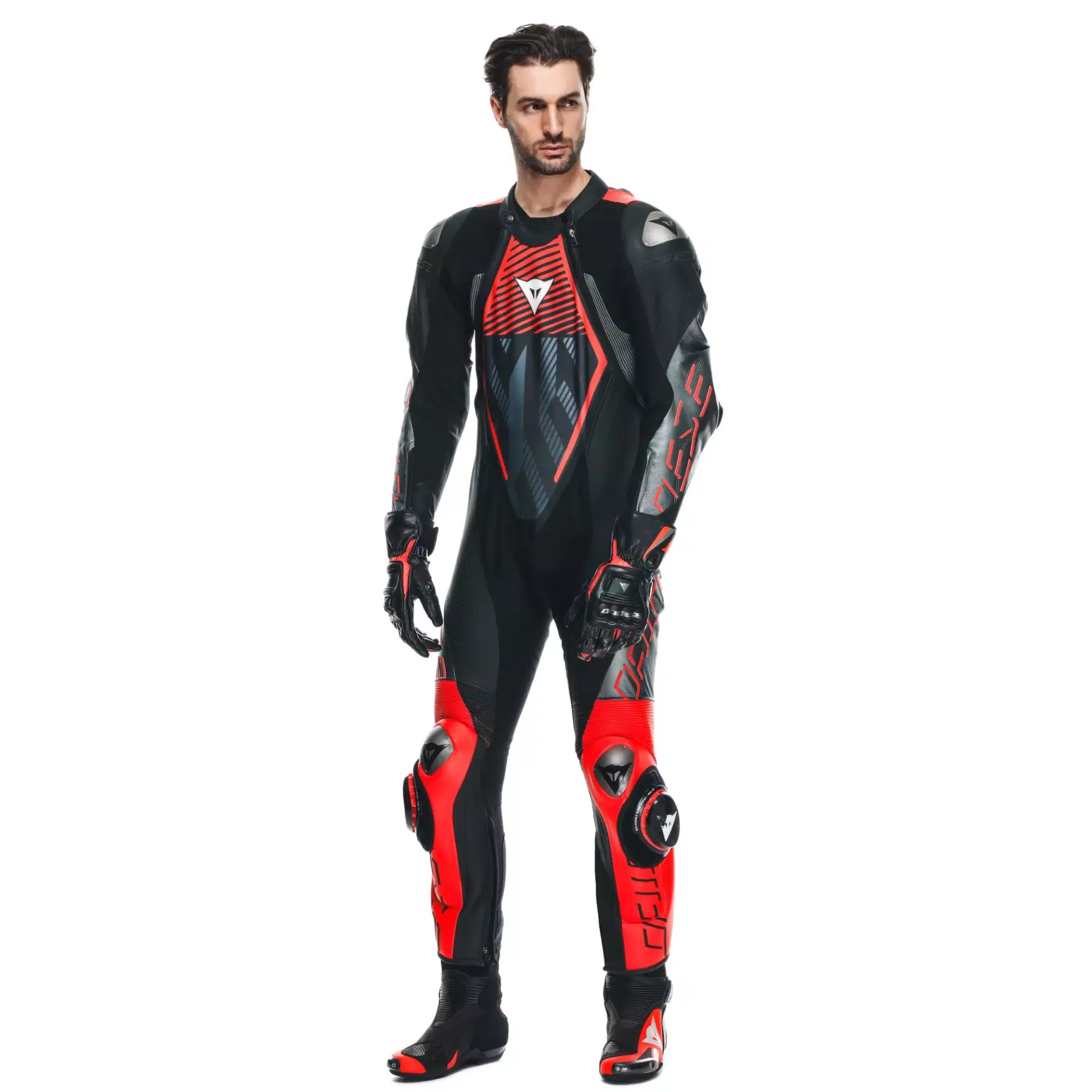 Dainese AUDAX D-ZIP 1PC PERF. LEATHER SUIT BLACK/RED-FLUO/ANTHRACITE