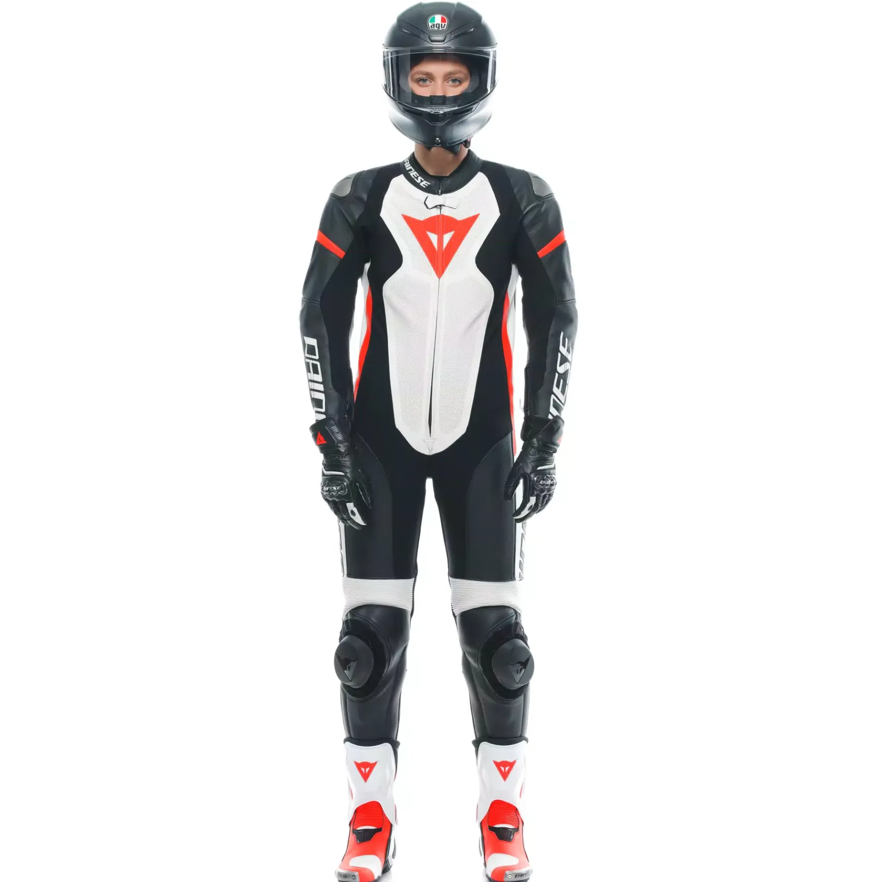 Dainese GROBNIK LADY LEATHER 1PC SUIT PERF BLACK/WHITE/FLUO-RED