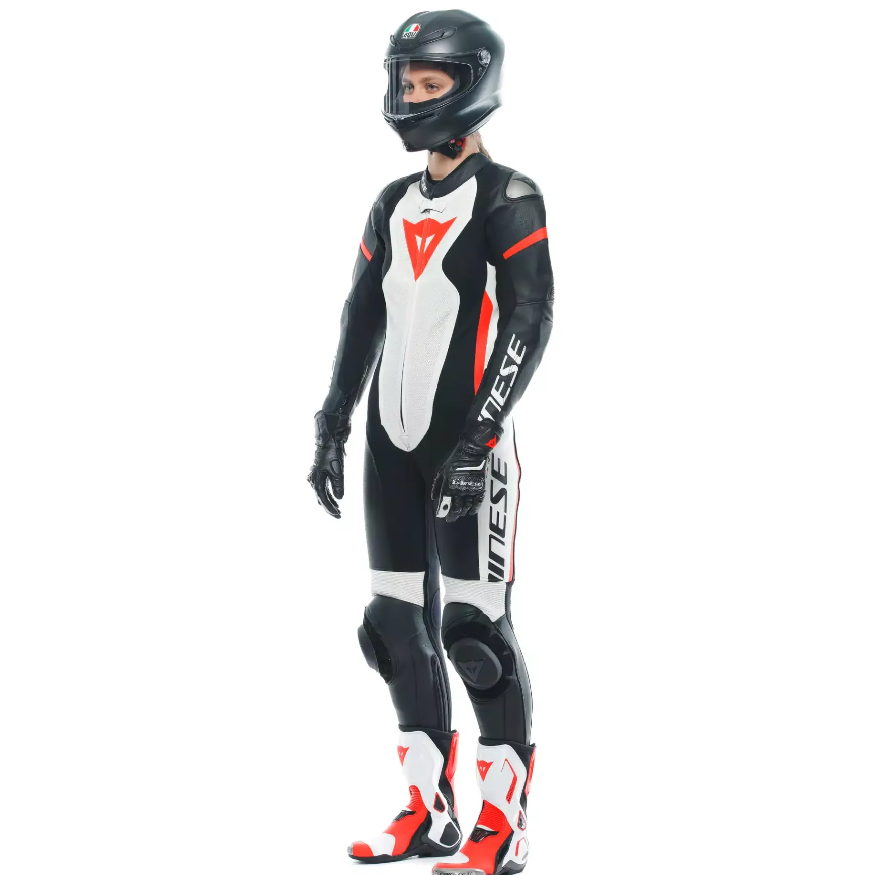 Dainese GROBNIK LADY LEATHER 1PC SUIT PERF BLACK/WHITE/FLUO-RED