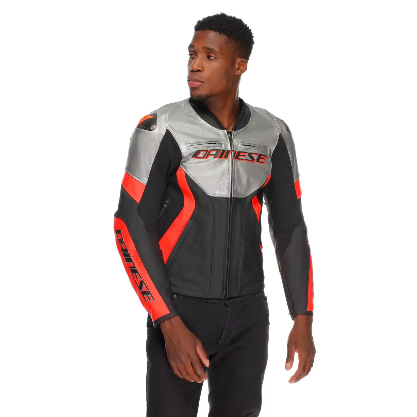 Dainese RACING 5 - MOTORRADLEDERJACKE HERREN SILVER/BLACK/RED-FLUO Clearance